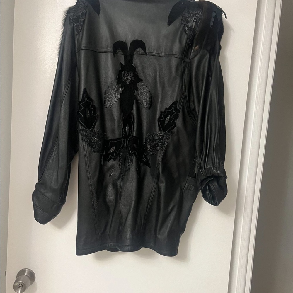 Black Leather Jacket With Voluminous Shoulders An… - image 2